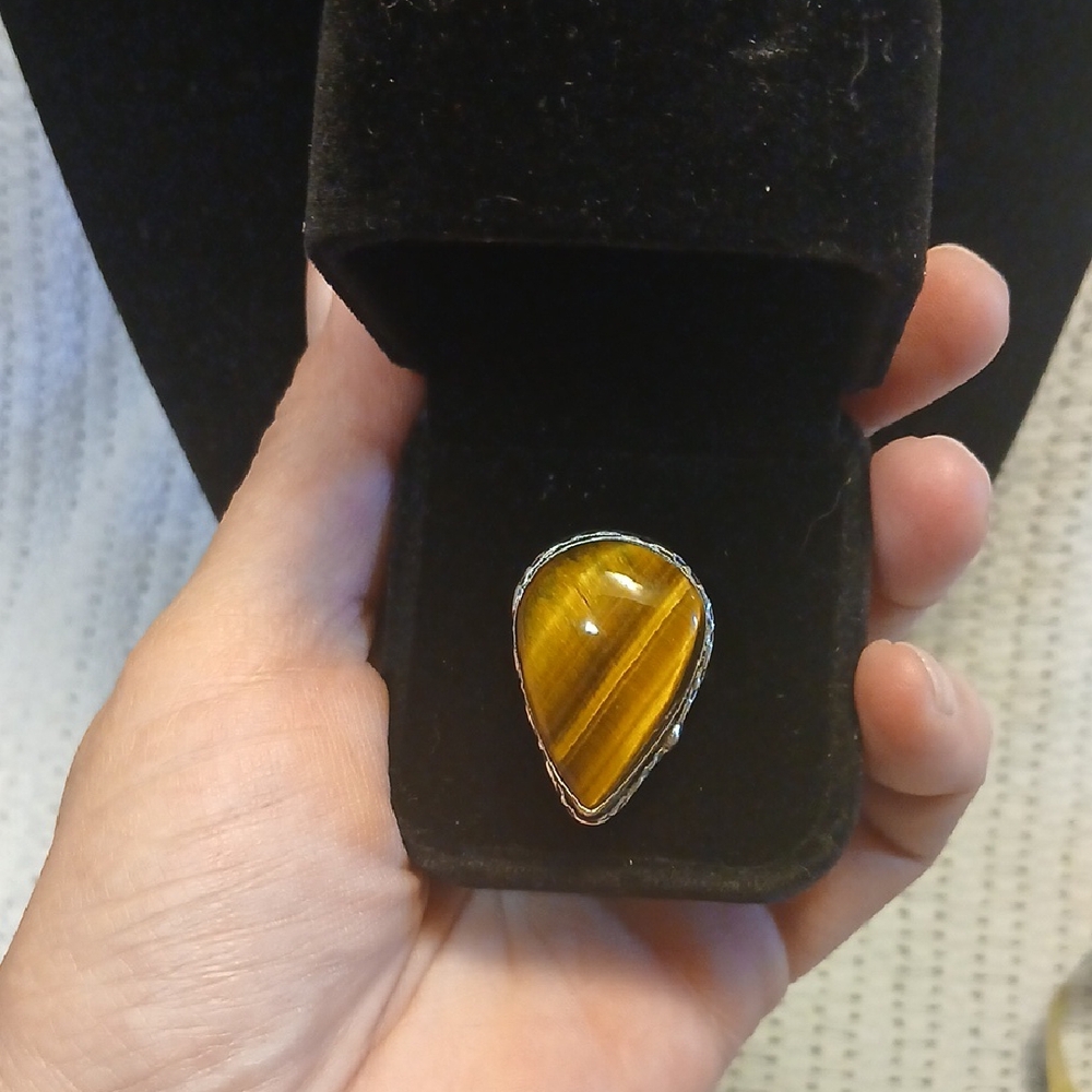 Large Genuine Tiger's Eye & Sterling Silver Teardrop Ring (Size 7.5)